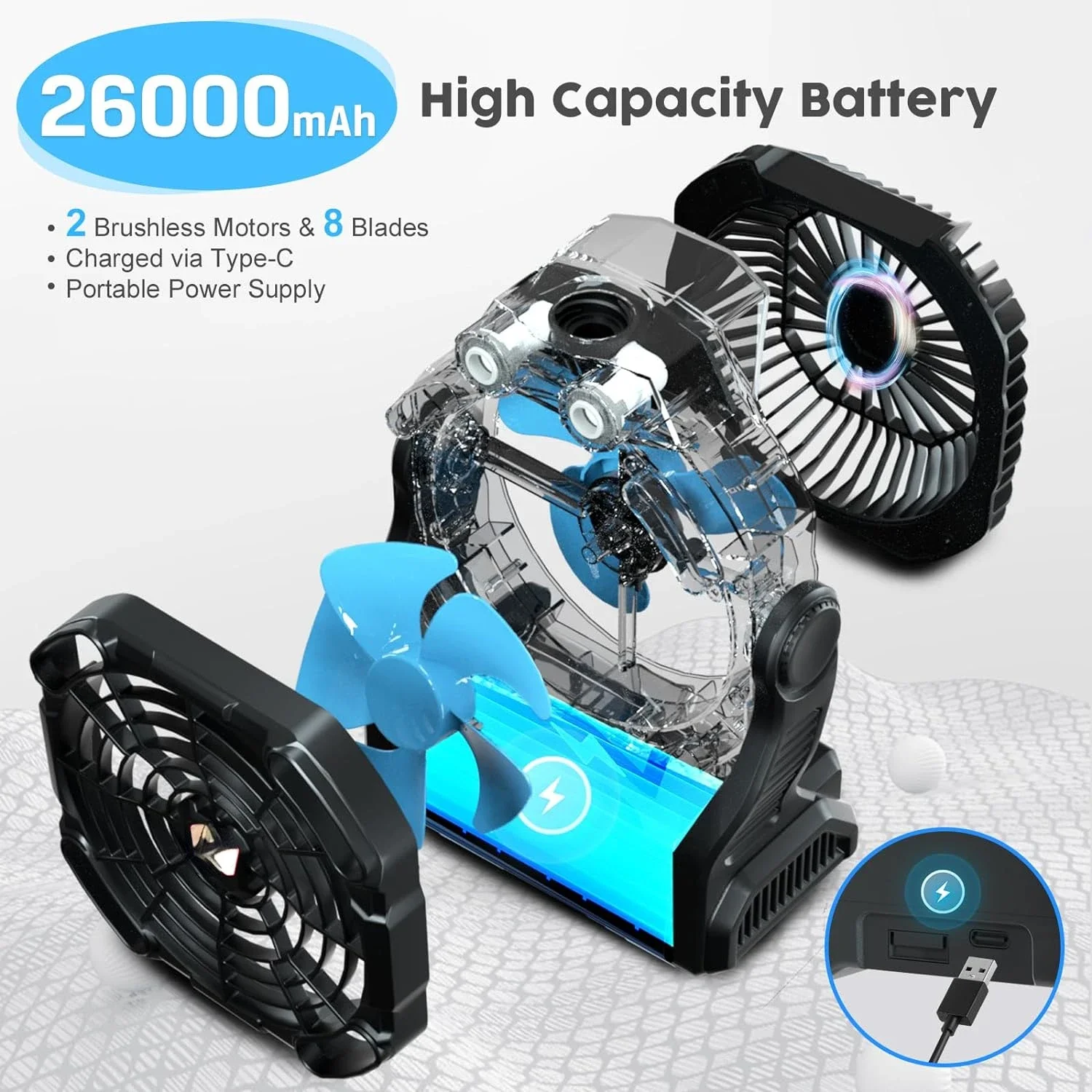 Ventilador versátil para acampada, recargable de 14000mAh y 26000mAh, con nebulización, luces nocturnas RGB, temporizador y fuente de alimentación, perfecto para C