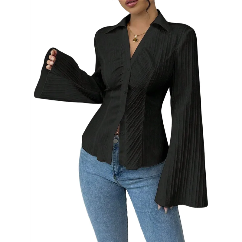 

ABP-Женские рубашки на пуговицах в полоску с длинным рукавом и воротником, повседневные рабочие блузки, топы, модные наряды