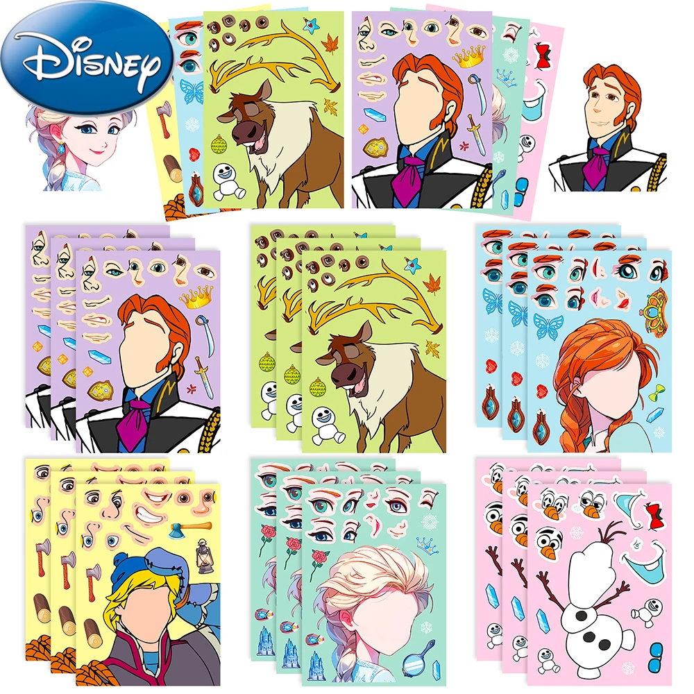 6/12sheets Disney Frozen Princess Anna Elsa Puzzle Stickers Make a Face Children DIY Funny Assemble Jigsaw Decals Toy for Kids