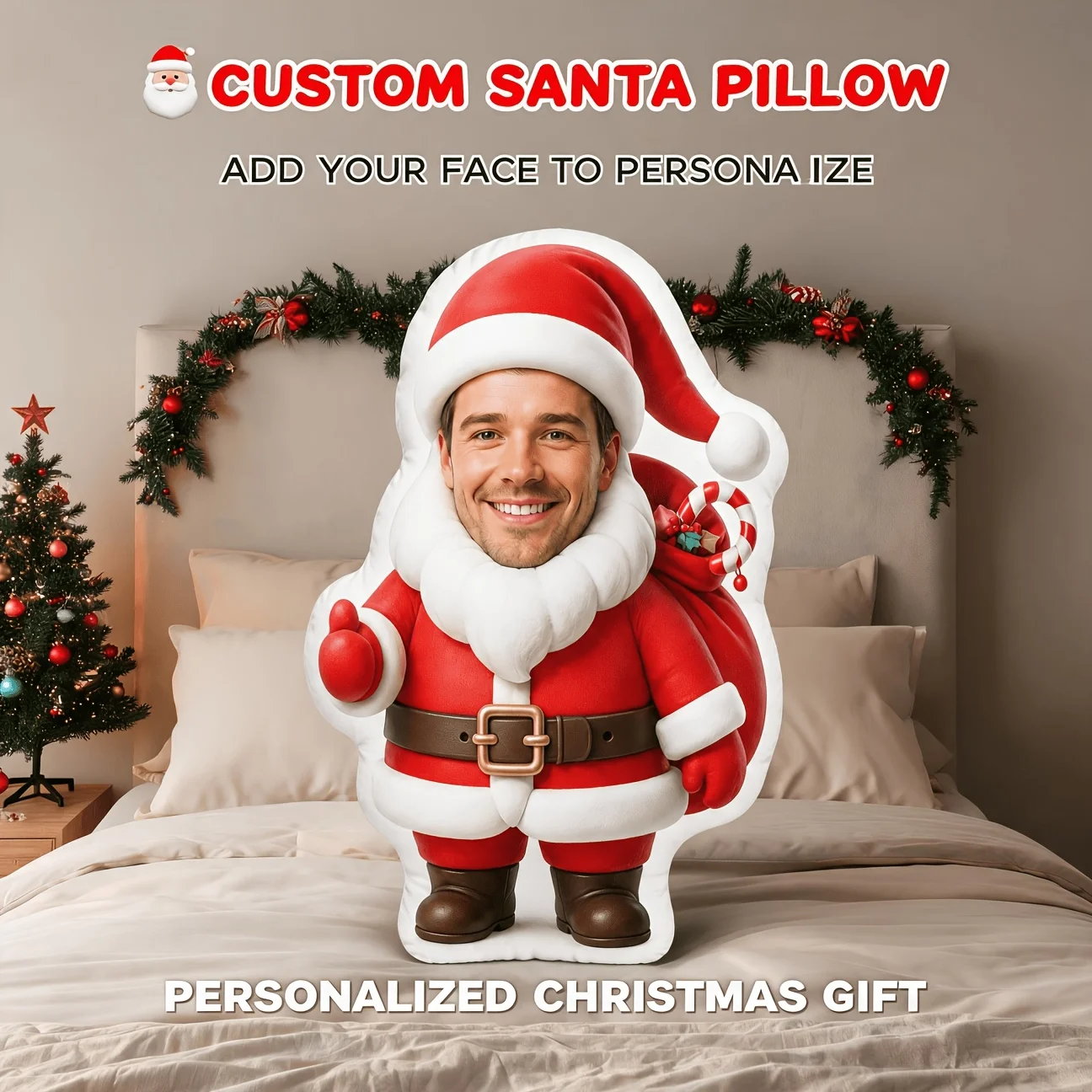 Customized personalized photo Santa Claus shaped pillow, smiley face holiday character decorative cushion, unique home decoratio
