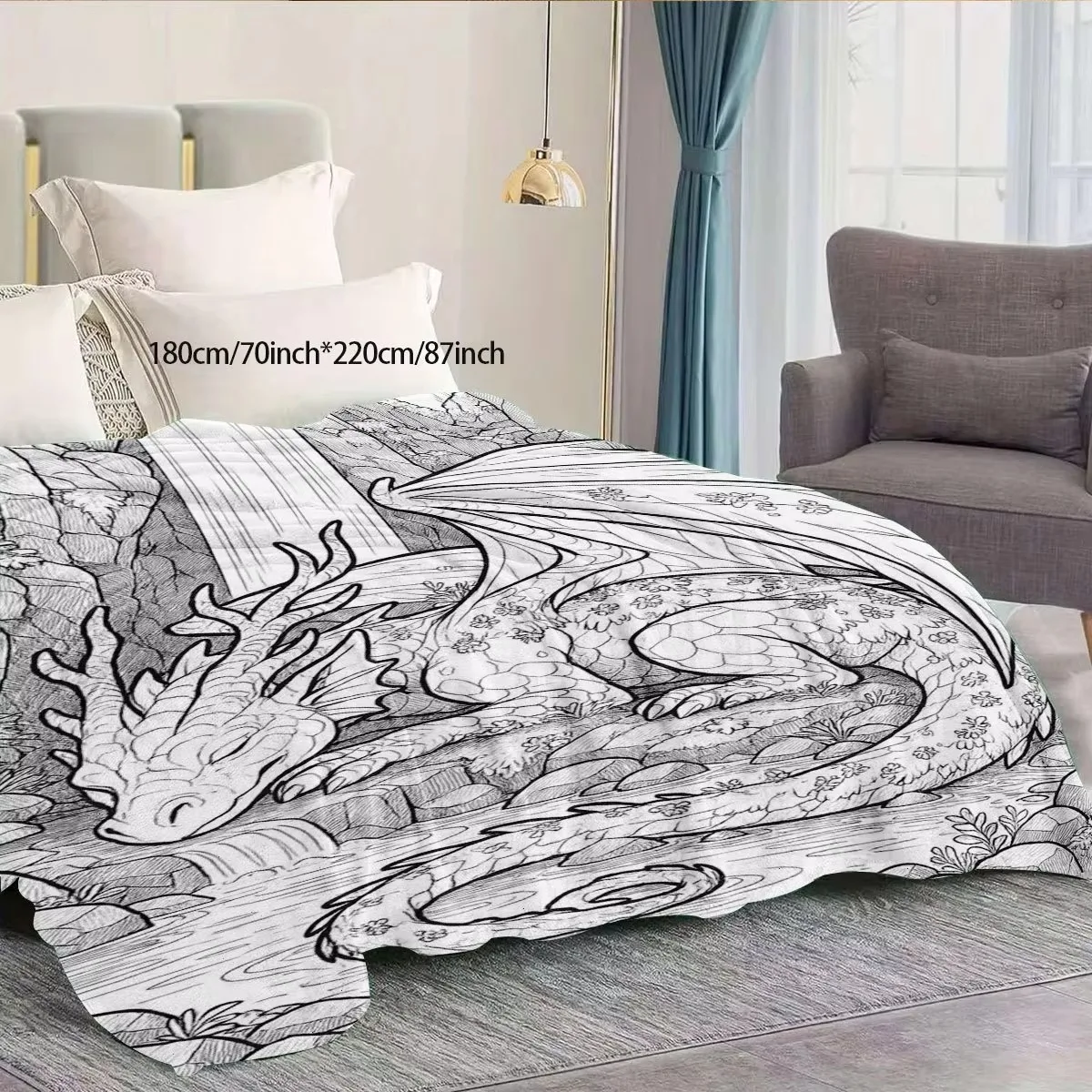 Black and White Dragon Carpet, Adult Painted Style Dreamy Art Sofa Bed, Comfortable Decorative Gift, No Marker Included