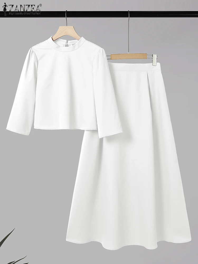 Conjuntos de faldas largas elegantes para mujer, blusa de manga 3/4, faldas plisadas ZANZEA 2025, conjuntos informales a juego, trajes con cuello levantado de verano