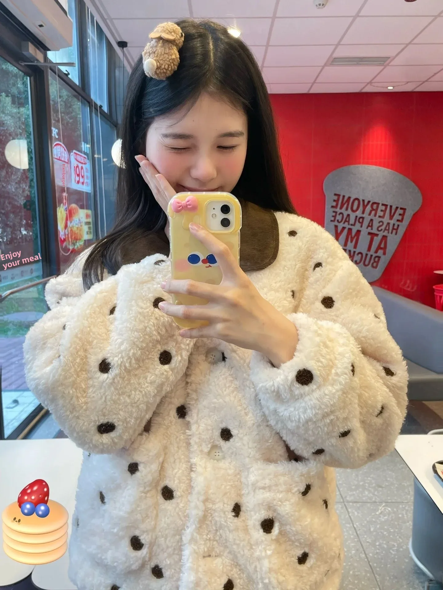 

Sweet Japanese Style Polka Dot Lamb Fur Jacket Women's Winter New Loose Thickened Warm Cotton Coat Upper Body