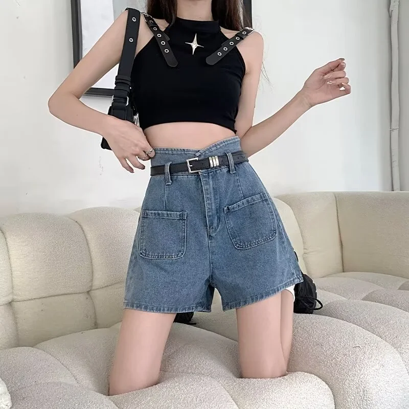 

Модные повседневные джинсовые шорты в стиле ретро для женщин летом 2023 года, новые утягивающие широкие брюки с высокой талией, трендовые ins