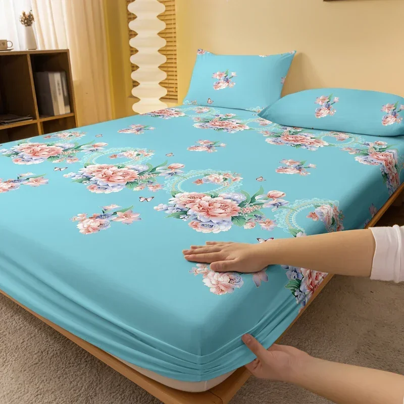 1 Simple Modern Plant Flower Printed Matte Fitted Sheet, Bedroom Printed Bed Cover, Bedding (Excluding Pillowcases)