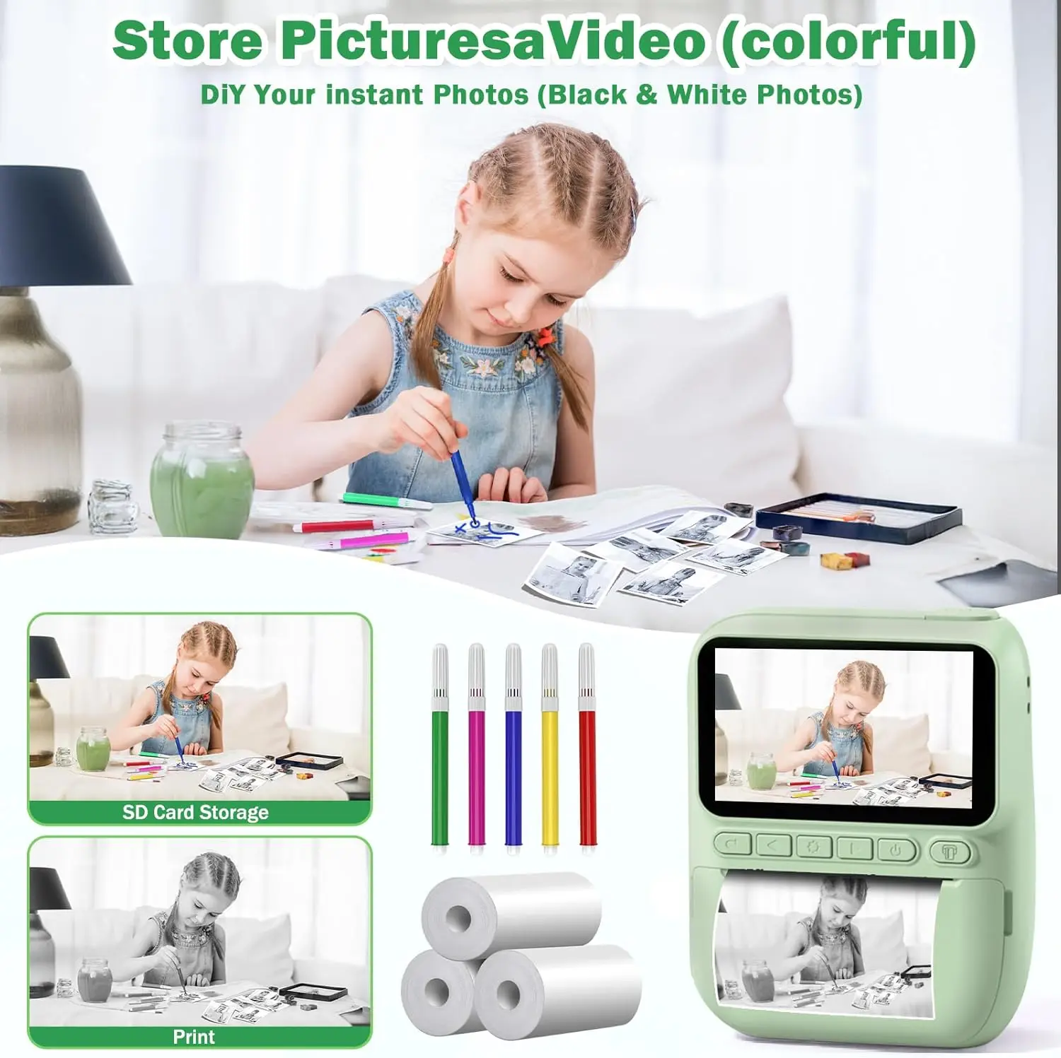 Instant Print Kids Camera, Portable Digital Camera for Toddlers, Birthday Graduation Gift for Kids Ages 3-12, Outdoor Travel Toy with Photo Printing for Boys Girls, Green view 6