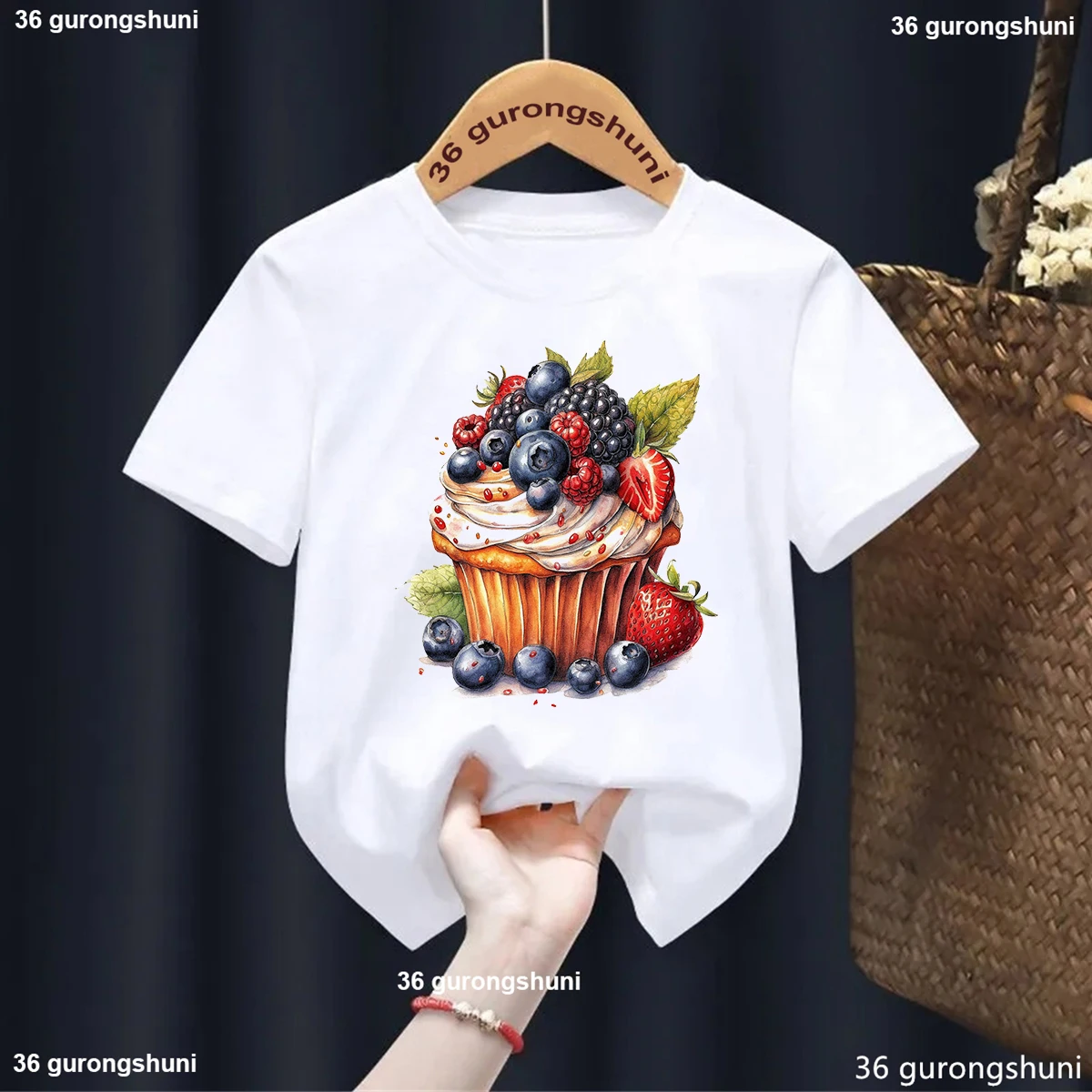 Strawberry Cake Print T Shirt Kids Summer Fashion Kids Cartoon T-Shirt Round Neck Short Sleeve Girls Tshirt Tops1-14yeas Old