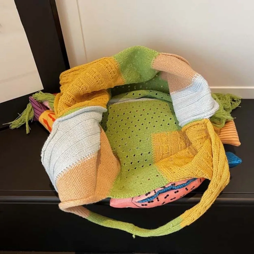 

Летняя хлопковая вязаная сумка через плечо с большим объемом, ажурная сумка-рыба, контрастная расцветка, модные кисточки, пляжная сумка