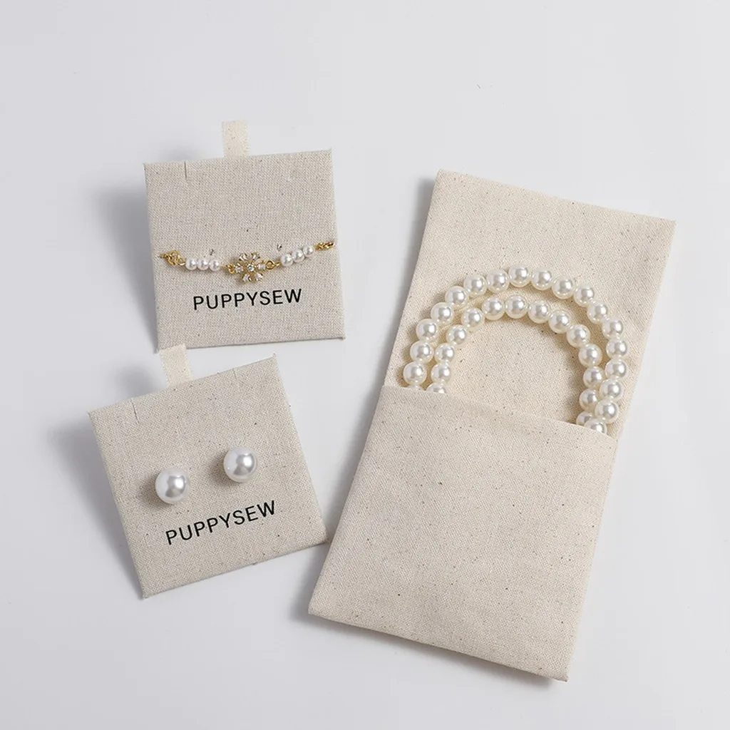 Wholesale Natural Cotton Jewelry Storage Pouch Envelope Bag with Inner Card For Bracelet Necklaces Earrings Rings No Logo