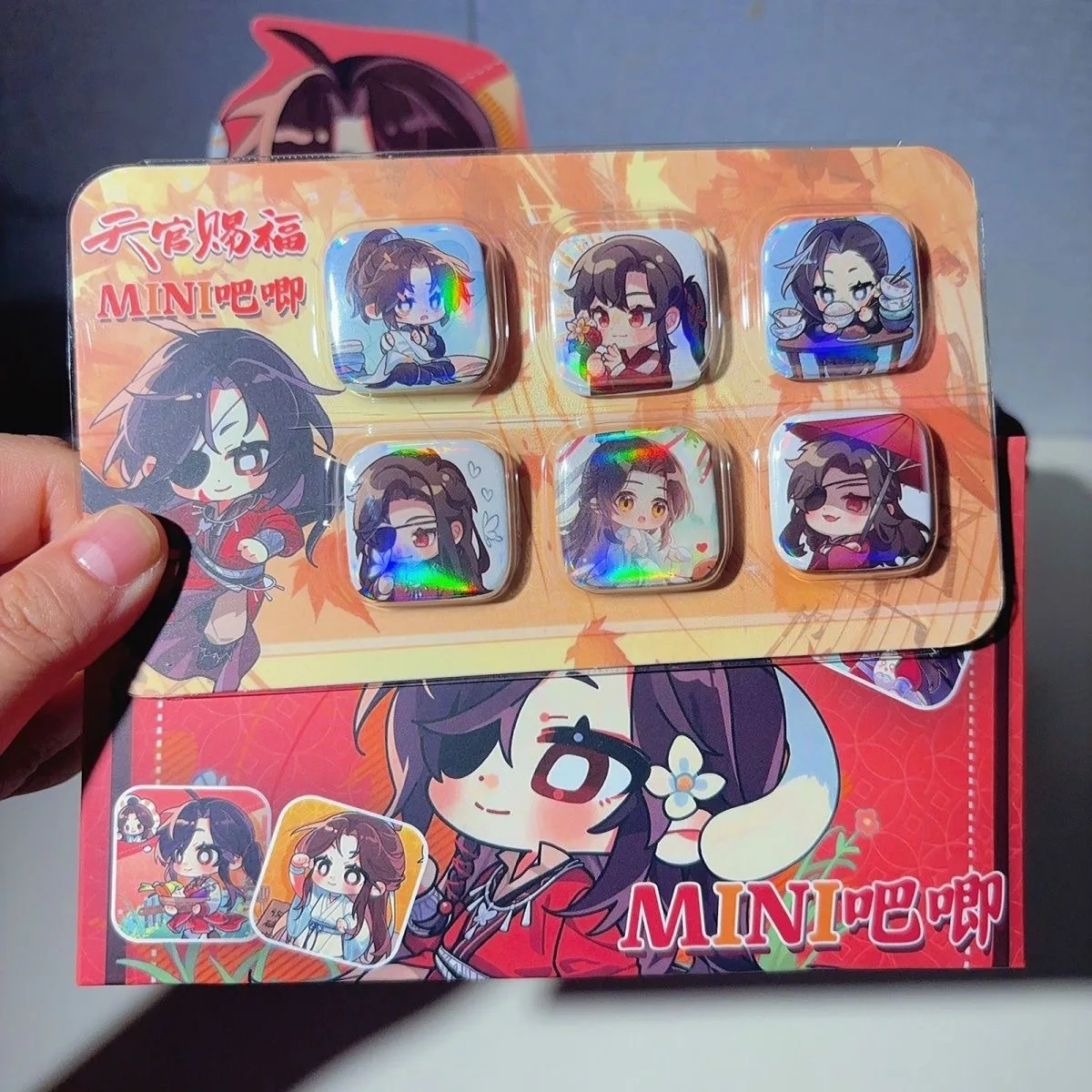 Tianguan Blessing شريط مربع صغير صندوق أعمى حزمة من 6 Q-Edition Xielian Flower City المحيطة شارات صفيح الزخرفية