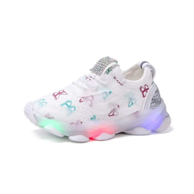 Kid Shoes Children\'s LED Shining Shoes 2023 Spring New Boys Sports Shoes Girls Elastic Fabric Sequins Casual Shoes Zapatillas