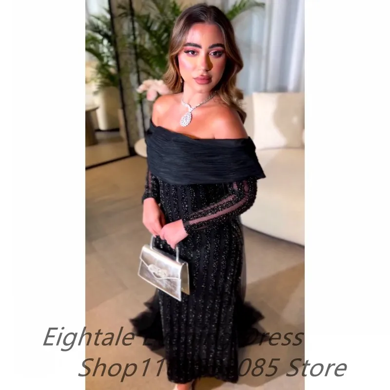 Customized Black Mermaid Shinning Off Shoulder Evening DressWedding Party Long Luxury Sequin Formal Prom Dress Dubai Party Gown