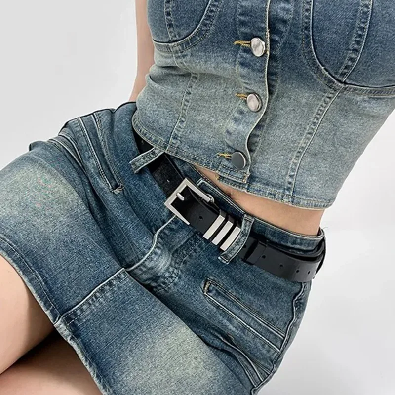 

Vintage Black Belts Women Girls Simple Square Buckle Pin Jeans Belts Adjustable Elegant Casual Pu Leather Belt Fashion Accessory