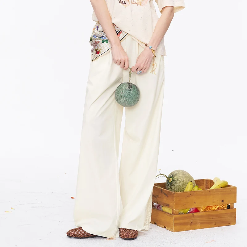 ELFSACK Lace Trim Wide Leg Elastic Waist Pants, Lightweight Casual Trousers, Romantic Versatile Daily Wear for Women