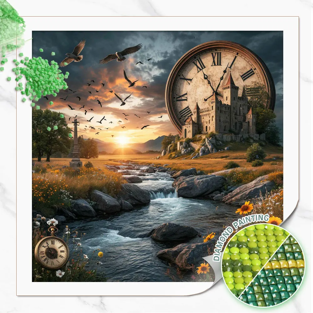 Pintura de Diamantes Huacan, Castillo en la Naturaleza, Reloj Gigante, Bordado de Diamantes, Paisaje, Kit Completo, Decoración para el Hogar, Arte