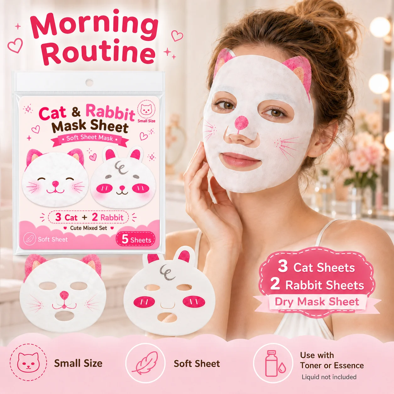5PCS Cat & Rabbit Dry Face Mask Sheets, 3 Cat + 2 Rabbit Small Size Soft Mask Paper, Use with Toner Essence or Water