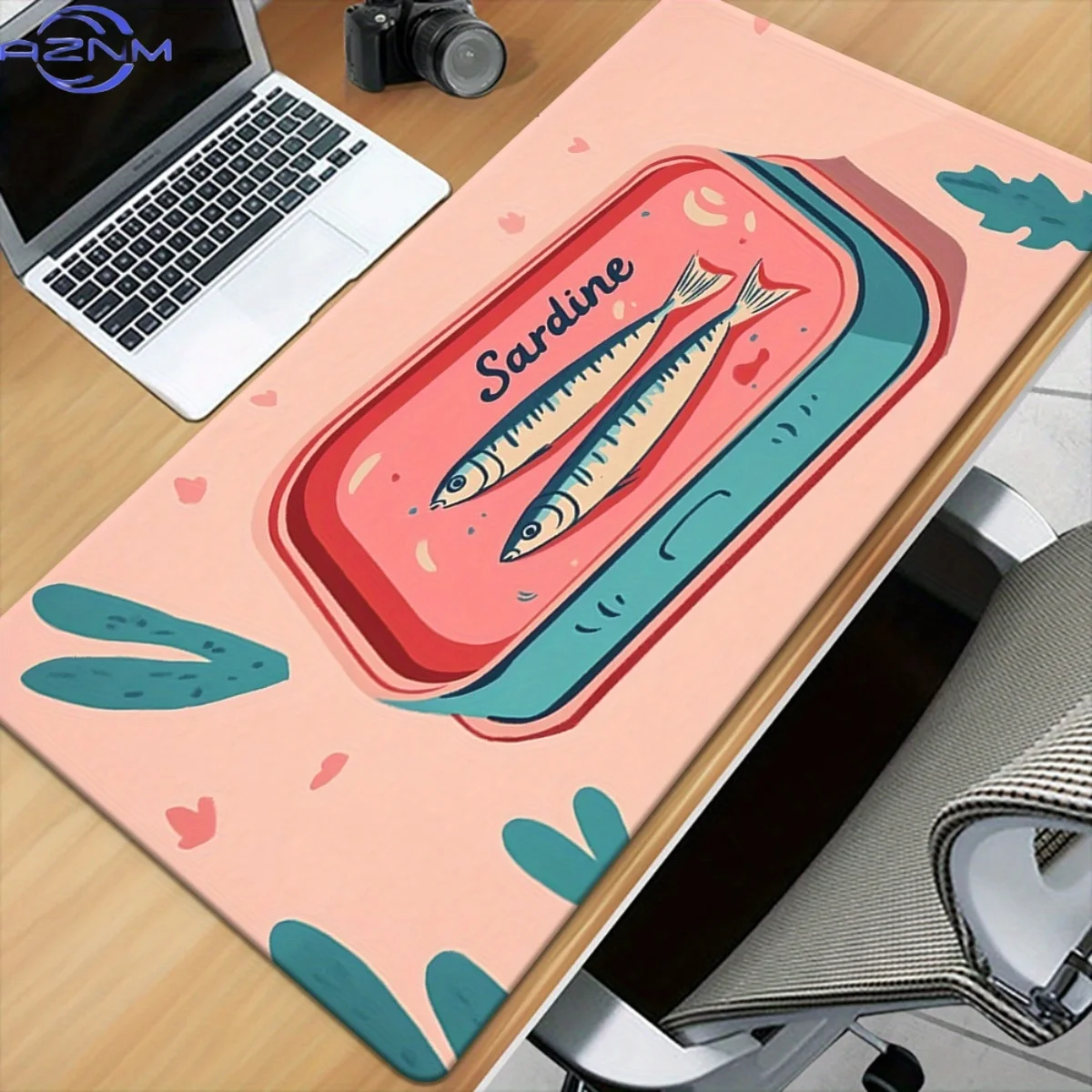 1pc Vintage French-inspired Sardines Tin Can Gaming & Office Desk Mat - Non-Slip Rubber Base, Wrist, Pink & Turquoise Retro Desi