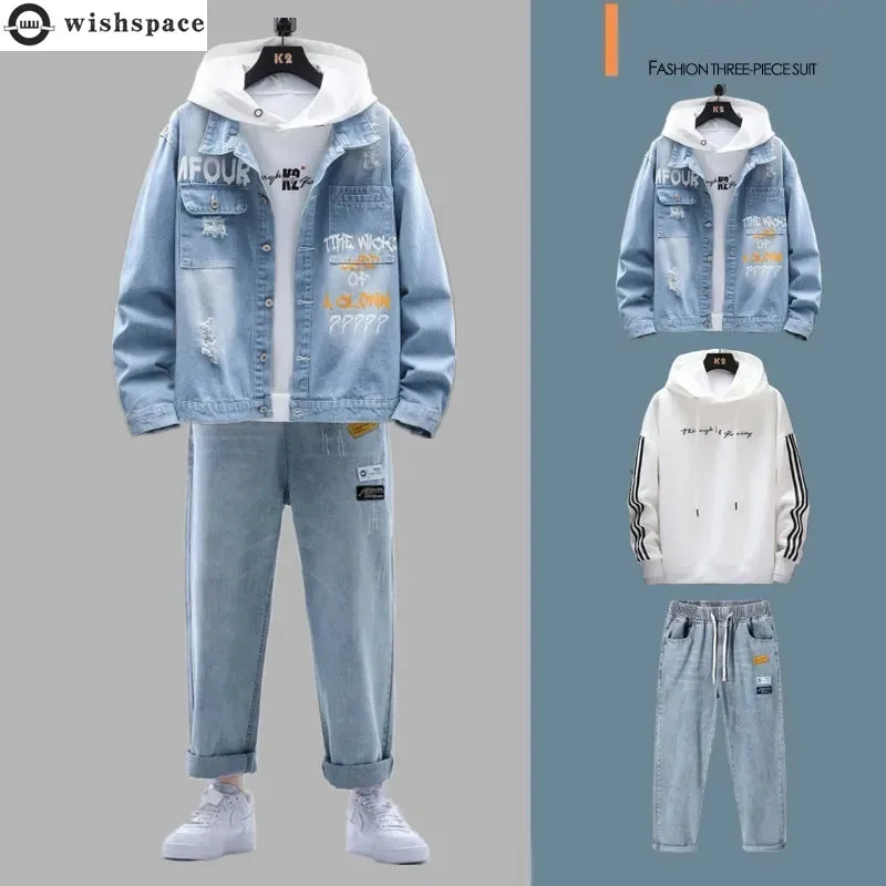 

2022 Spring Fashion Student Pants Set Denim Jacket Hoodie Casual Jeans Three Piece Suit Men's Tracksuit Sweatpants Male