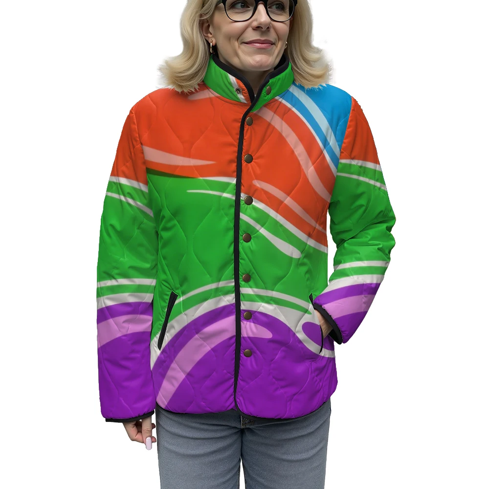 

Яркая абстрактная художественная куртка в полоску, разноцветная стильная куртка с воротником-стойкой и боковыми карманами, зимняя одежда, женские пальто, модная верхняя одежда