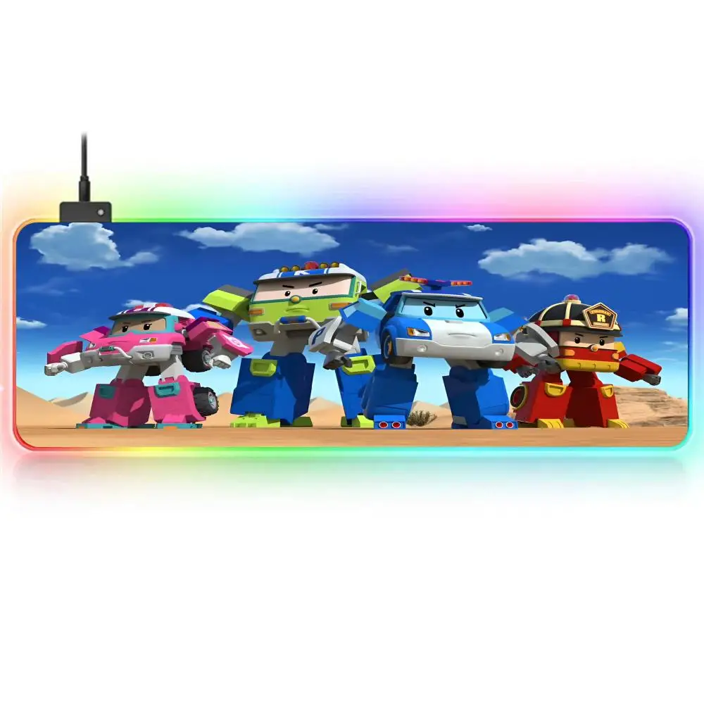 Anime R-Robocar Poli Mouse Pad RGB Large Gaming Mouse Pad Non-slip Rubber Base Keyboard Pad Extra Large Luminous LED Mouse Pad