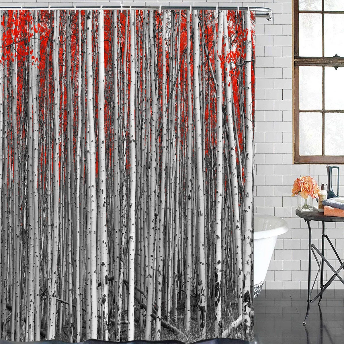 Red Leaves Birch Tree Forest Waterproof Bathroom Decoration Shower Curtain With Hook Bathtub Curtains Bathroom Accessories