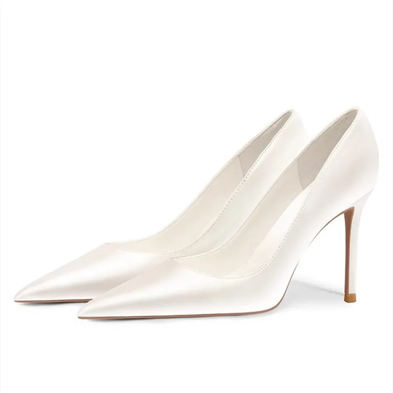 Bridal Pure White Pumps for Wedding Party  French Style Quality Silk High Heels Saint Single Dress Shoes Four Season Stilettos