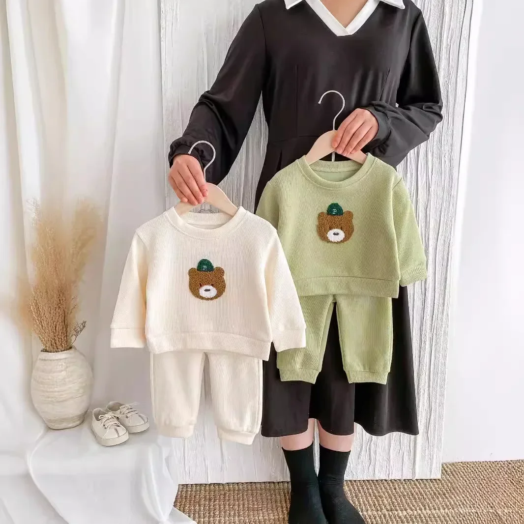 

Spring/Autumn Children's Cute Bear Round Neck Sweatshirt Set Baby Casual Cartoon Two-Piece Infant Toddler Sports Outfit