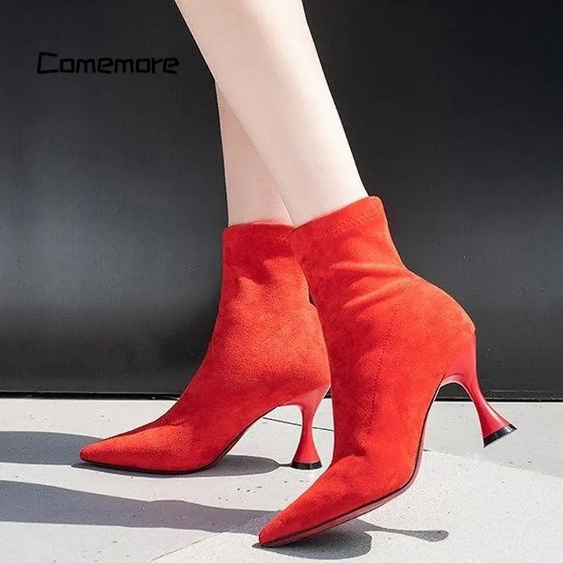 Comemore 2023 Pointed Toe High Heel Stiletto Soft Suede Slip-on Boot Purple Black Botas Booties Fashion Women Ankle Red Boots 34