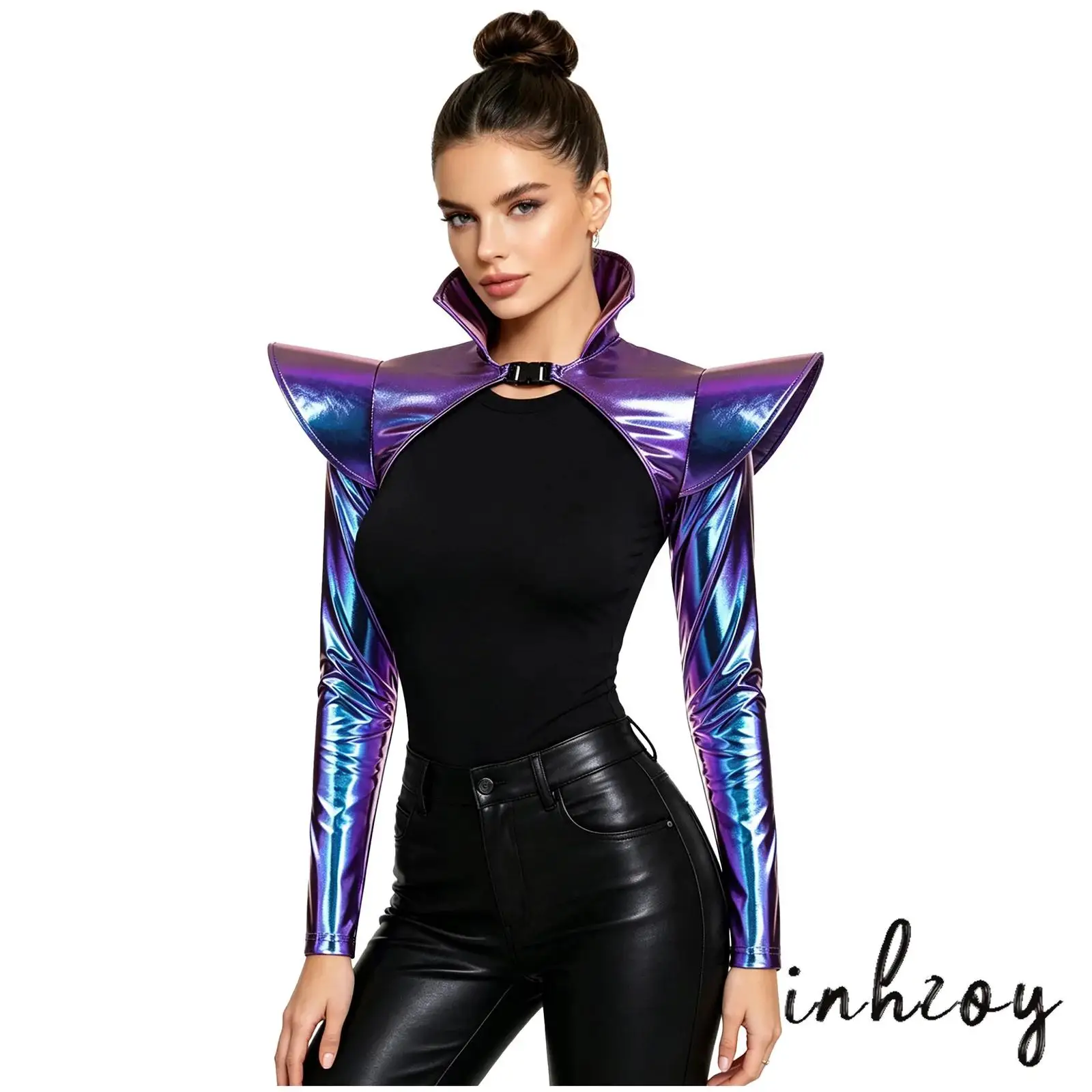 Women Metallic Shiny Shrugs Armor Crop Top Structured Epaulets with Buckle Pauldron Gothic Clubwear for Jazz Disco Raves Party