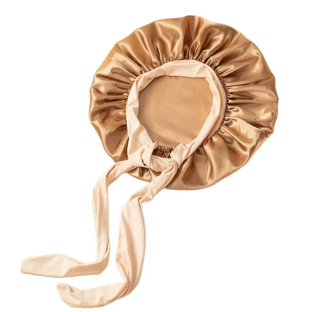 Satin Material Sleeping Bonnet Solid Color Adjustable Strap Hair Care Cap Soft Wide Brim Design Satin Sleep Bonnet For Long Hair