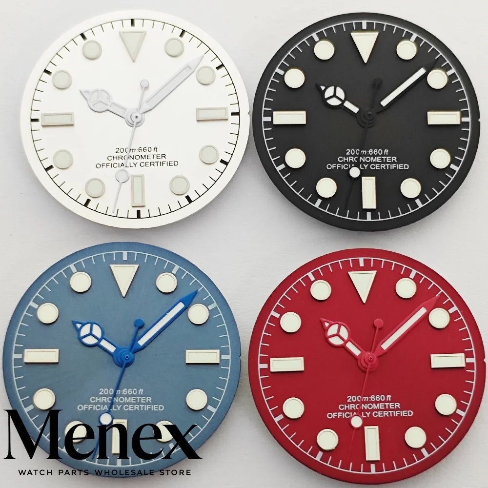 Menex grün leuchtendes Zifferblatt und Zeiger, passend für NH35 NH36 ETA2824 2836 Miyota82 DG Uhrwerk, rot, schwarz, blau, Ersatzteile für Uhren