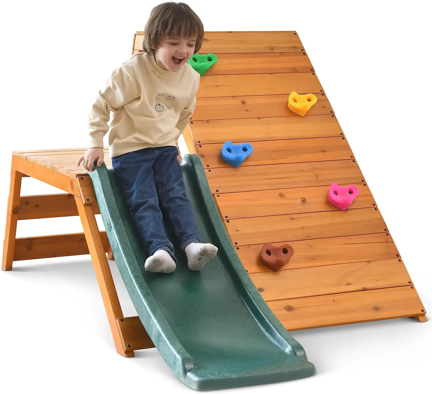 Palmeira ao ar livre e interior playground 5 em 1 quintal playset com escada, parede de rocha, corrediça de 4 pés, tenda forte, jogo estilo montessori