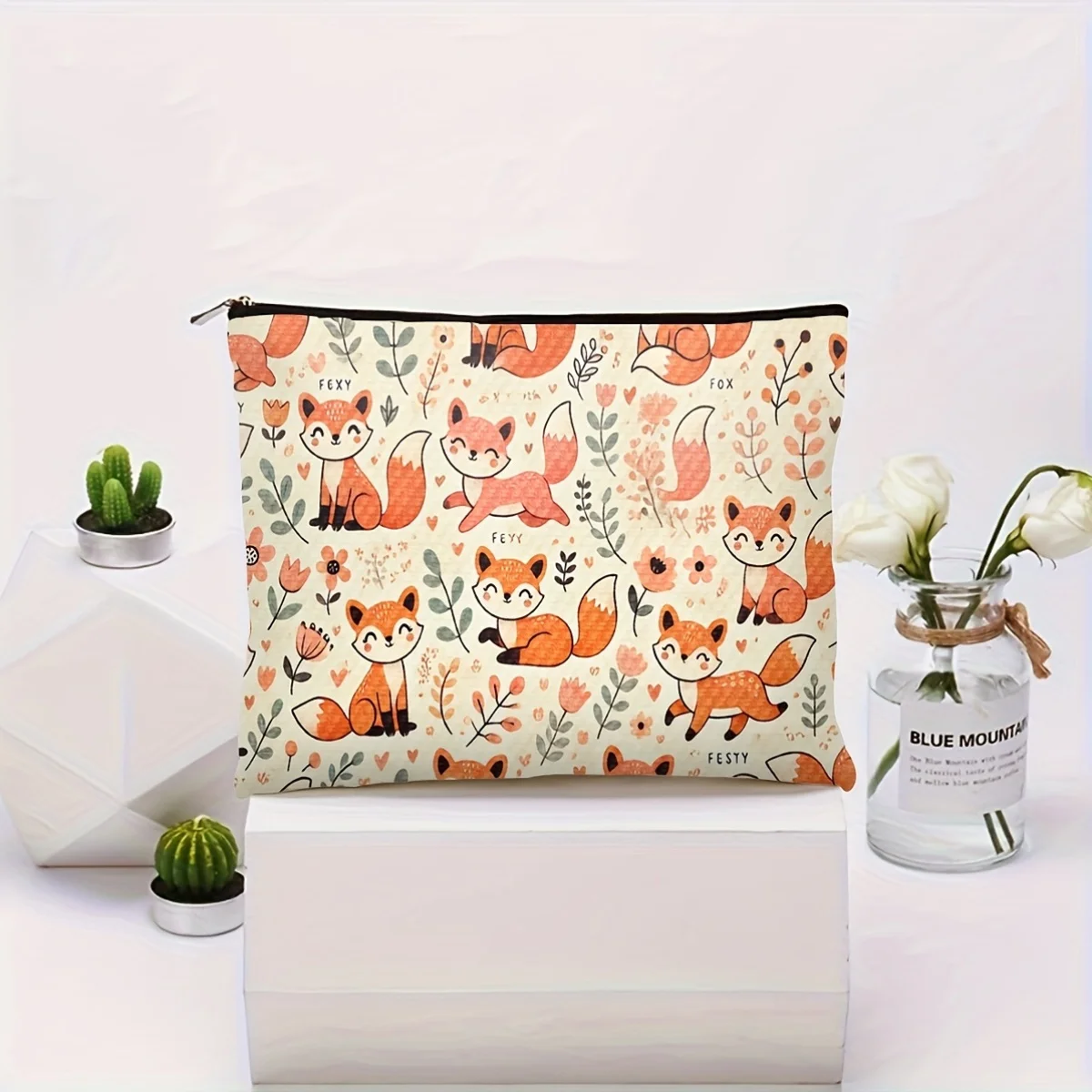 かわいいキツネと花のメイクアップバッグ - かわいい多機能ジッパーポーチ、ジュエリー収納バッグ、旅行に最適な小さなジッパー収納バッグ