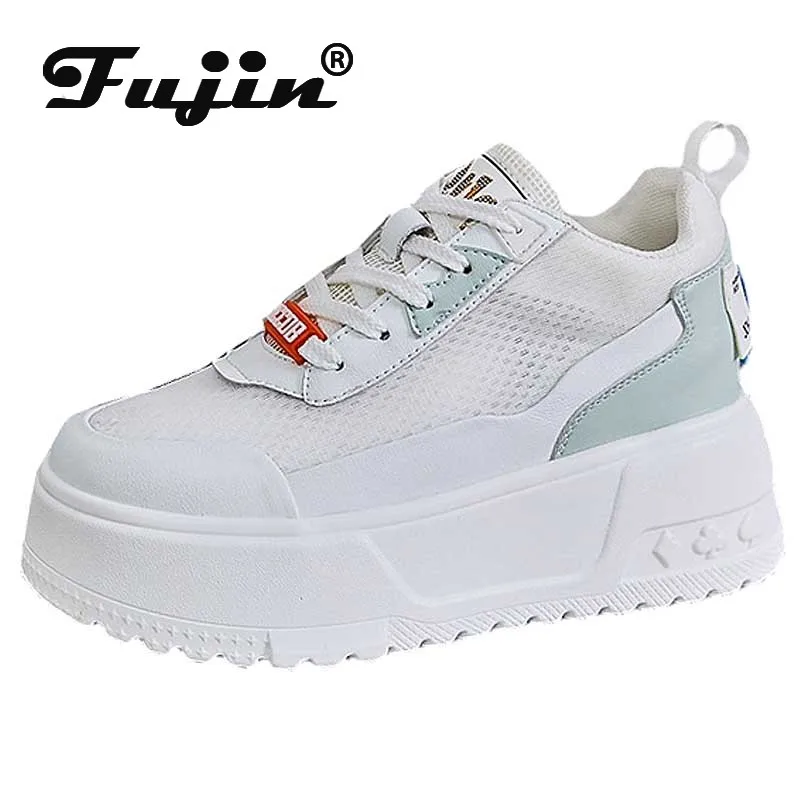 Fujin 9cm Synthetic Air Mesh Genuine Leather Hidden Heel Women Sandals Vulcanize Platform Wedge Summer Chunky Sneakers Leisure