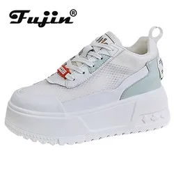 Fujin 9cm sintetico Air Mesh vera pelle tacco nascosto sandali da donna Vulcanize Platform Wedge Summer Chunky Sneakers per il tempo libero