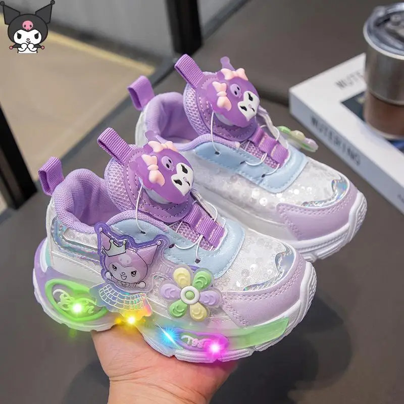 

Kawaii Anime Girls Kuromi Rotary Button Luminous Shoes Cartoon Spring Autumn New Sanrio Sports Princess Mesh Shoes Breathable