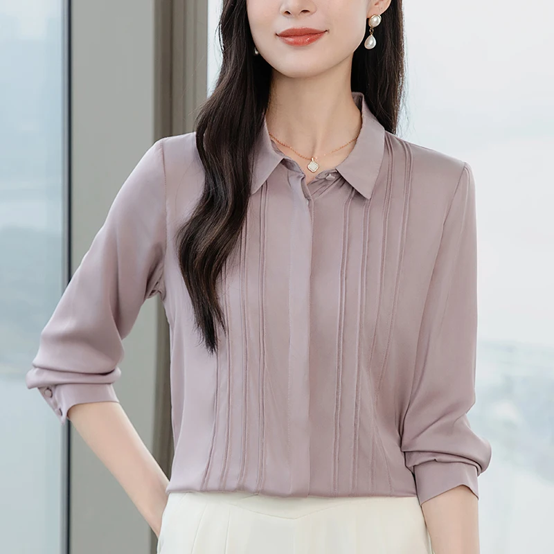 

New Elegant Fashion Shirts Blouses For Women Long Sleeve Office Lady Solid Shirt Spring Autumn 19mm Real Silk Women's Blouse
