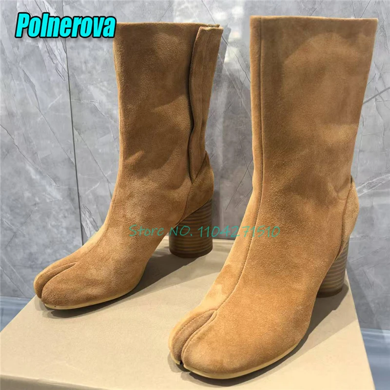 

Замшевые короткие ботинки с раздельным носком для женщин и мужчин, однотонные ботильоны из натуральной кожи на круглом каблуке и пуговицах, модельерская обувь для пар