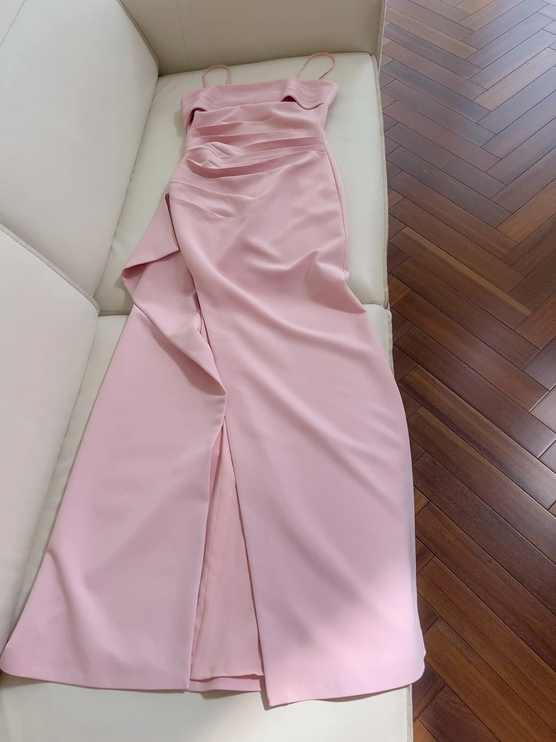 

Ele Pink Slim Fit Gown with Sa Vintage Side Slit Long Dr Korean Sle High Waist Zipper Bal A-Line Skirt for Par