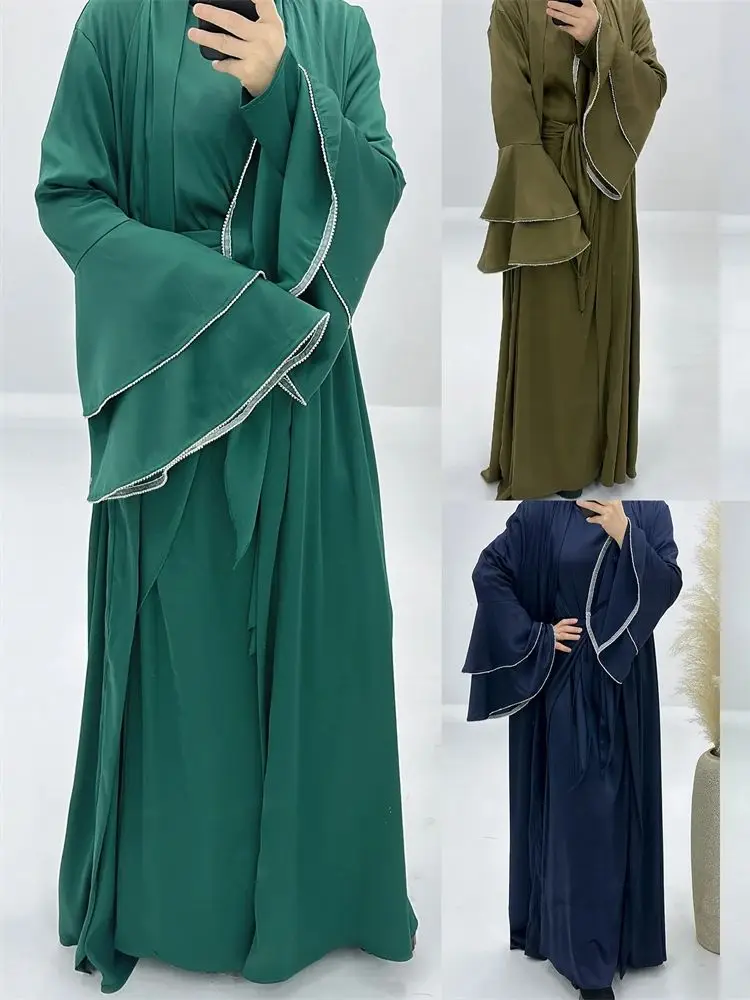 Ramadan Eid Mubarek Women Dubai Muslim's 3 Piece Abaya Set Kaftan Turkey Islam Hijab Dress Kimono Ensembles Musulmans Djellaba