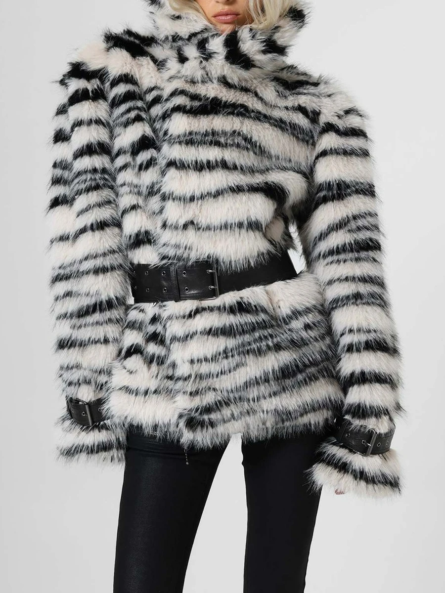 TWOTWINSTYLE Street Faux Fur Jacket for Women Zebra Striped Shaggy Furry Belted Waist Buckle Cuff Long Sleeve for Autumn Winter