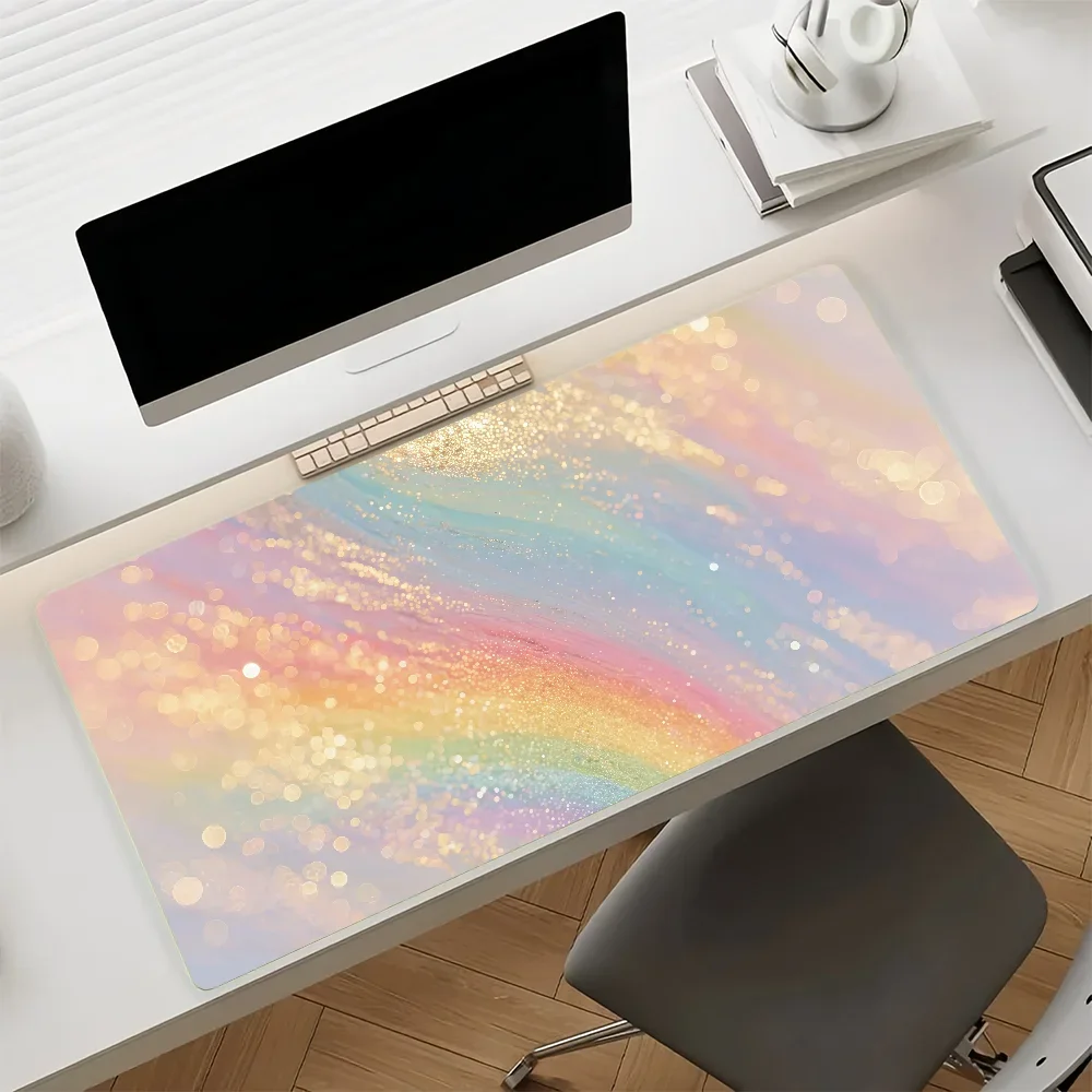 Rainbow Gradient Glitter Texture Dreamlike Leather Mouse Pad Cute Anti Slip Leather Edge Locked Thickened Laptop Gaming Desk Mat