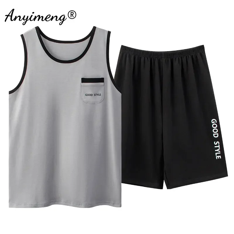 100% Cotton Plus Size 4XL Men Soft Cotton Pajama Summer Sleeveless Pajamas Set Shorts Sleepwear Vest Pijamas Fashion Nightwear