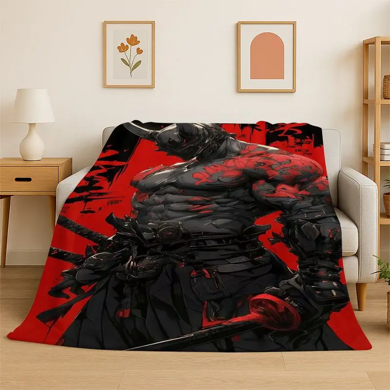 Japan Samurai Art Bushido Katana Cartoon Flannel Blanket Soft Throw Blanket for Bedroom Living Room Bed Travel Camping Nap Gift
