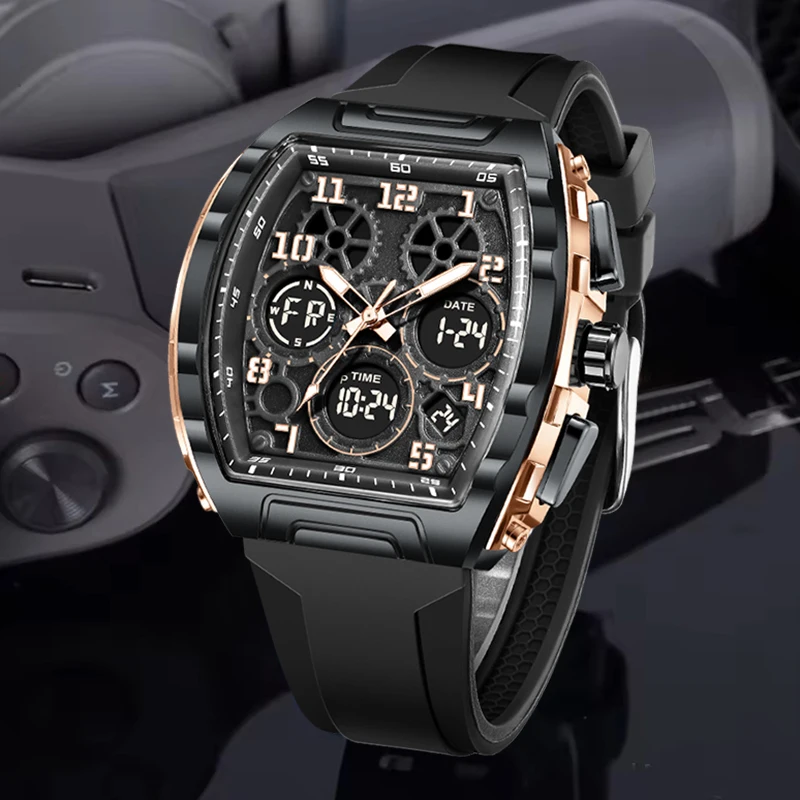 

FOXBOX Digital Watches For Men Sports Luminous Multifunction Waterproof Men Wristwatch Black Silicone Square Quartz Chronograph