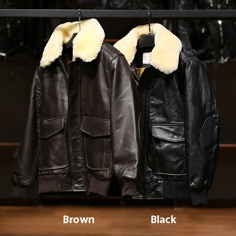 Winter Pilot Bomber Cotton Clothes Men's Wool Collar Leisure Plus Size Sheepskin Genuine Leather Moterbike Jackets Racing