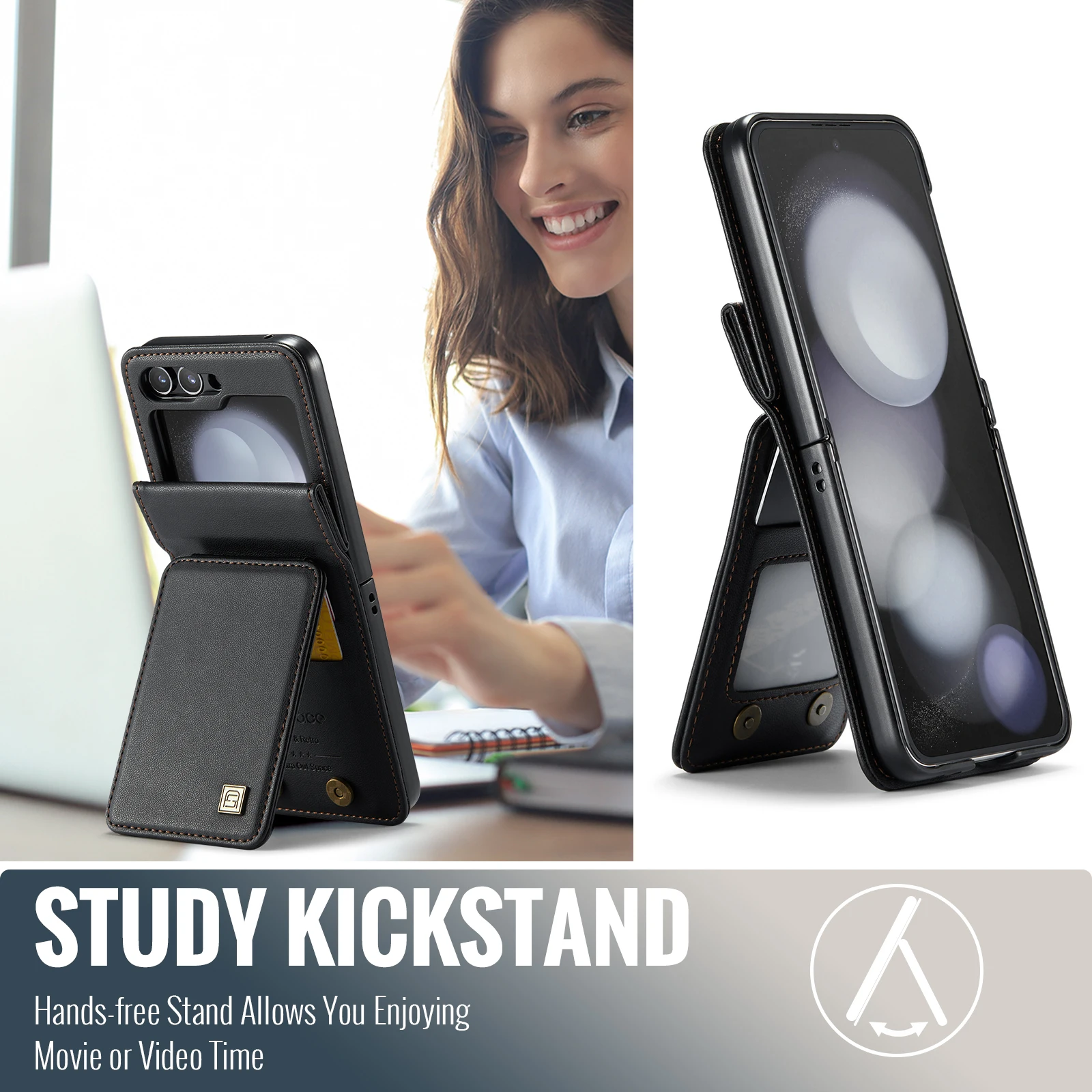 AUTSPACE Luxury Foldable Magnetic Card Bag Leather Case for Galaxy Z Flip 5 Shockproof Heavy Duty Slim Wallet Case Folding Cover