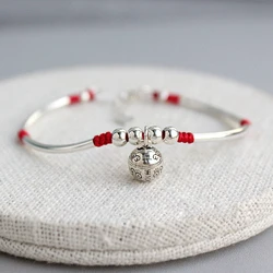 16+2cm Red Rope Knot Women Silver Bracelets Silver Goldilocks Bell Girls 925 Bracelets 925 Sting Bead Tube Length Can Customized