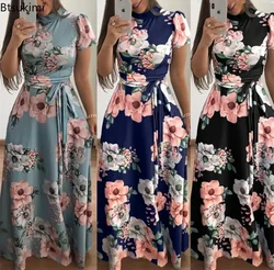 New 2026 Women's Summer Casual Floral Print Dress Luxury Retro Fashion Round Neck Mid Waist Comfortable Large Swing Dress Female