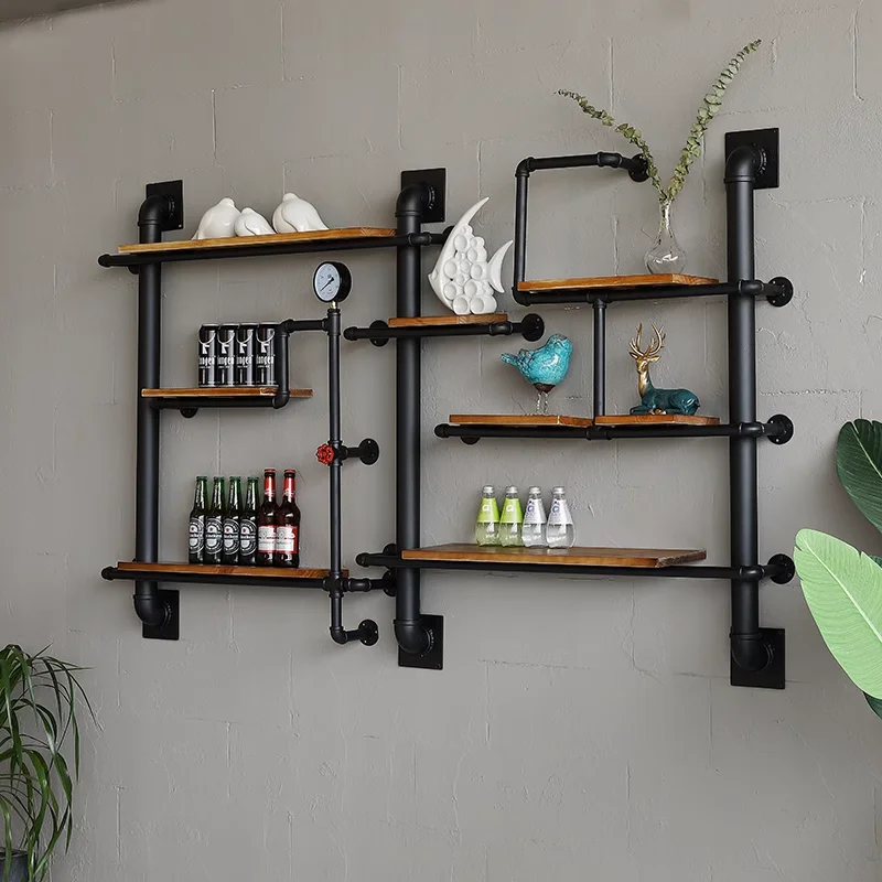 

Industrial wind wrought iron water pipe shelf bookshelf wall hanging wall decorative baffle rack solid wood retro display